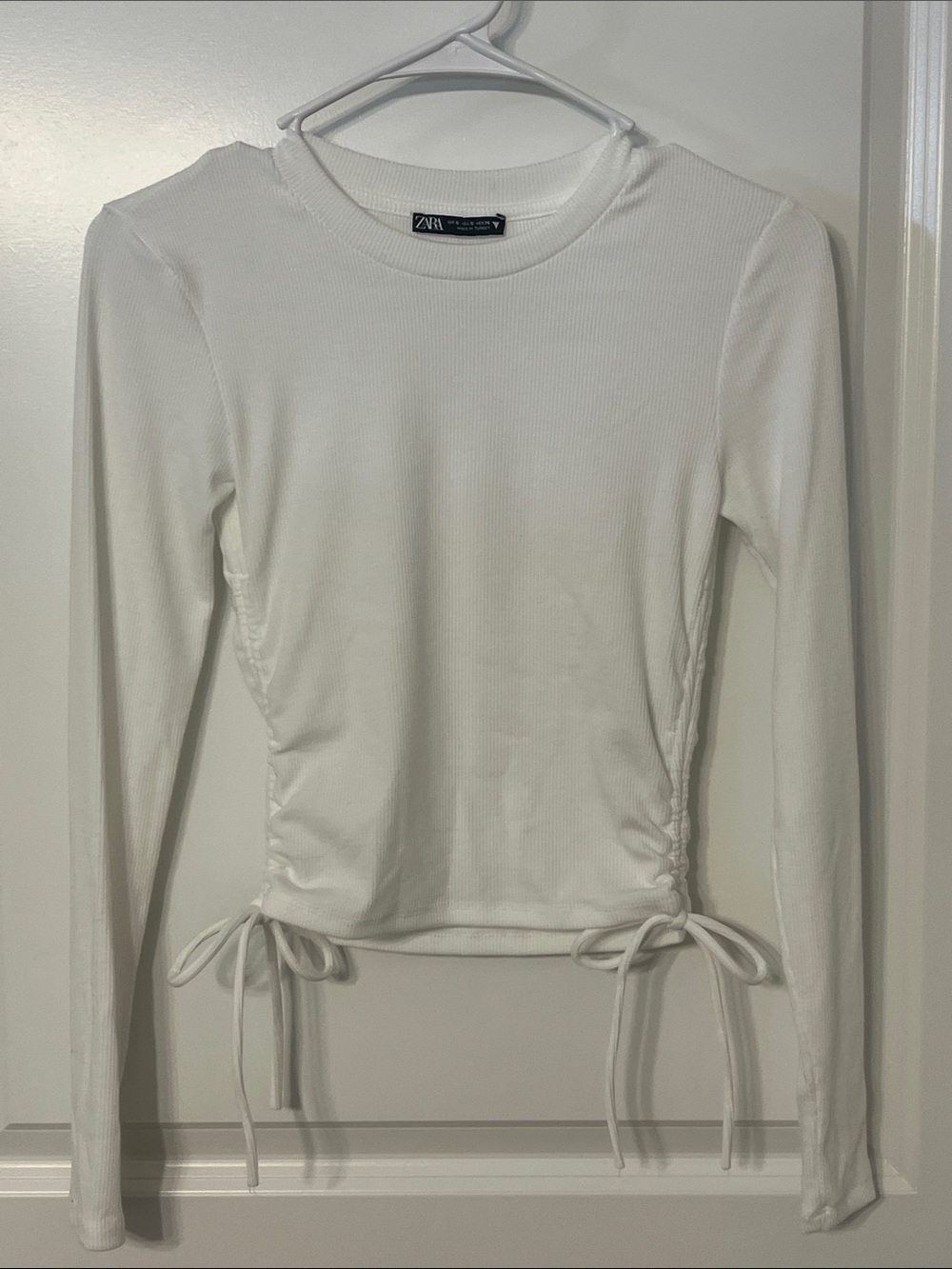 Zara White Ribbed Long-Sleeve Side Tie Top